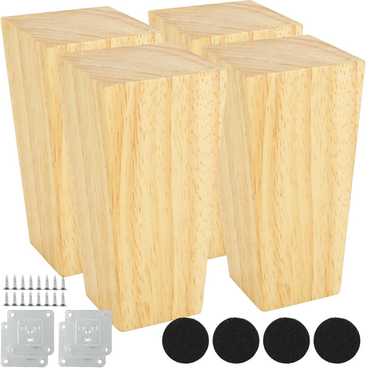Set van 4 Houten Meubelpoten Vierkant 10 cm Kastpoten Tafelpoten Inclusief Voetkussens