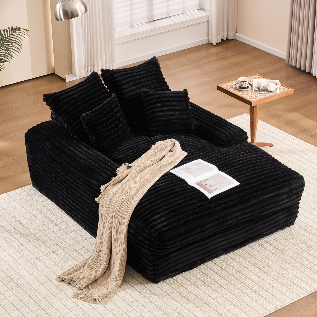 HAUSS SPOLE Sofa - Relax Chaise Longue - Ergonomische Ligbank Met 4 Afneembare Kussens - 137x175x63 cm - Voor Woonkamer En Appartement - Ribfluweel Zwart
