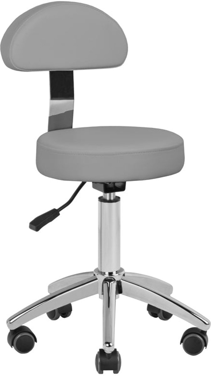 Pedicurekruk Grijs Verstelbaar met Wielen – Cosmetische Kruk met Afneembare Rugleuning – Salonkruk AM-304