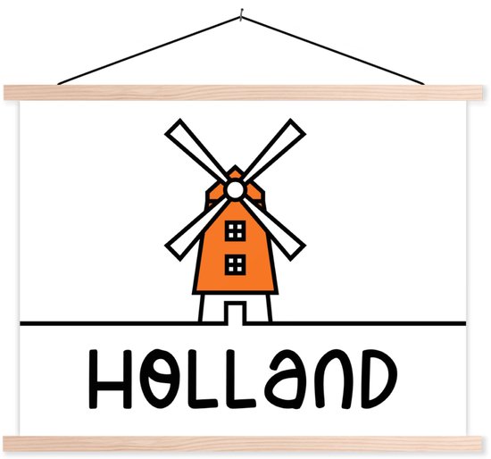 Posterhanger incl. Poster 60x45 cm - Schoolplaat - Molen - Oranje - Wit - Holland - Textielposter - Blanke latten