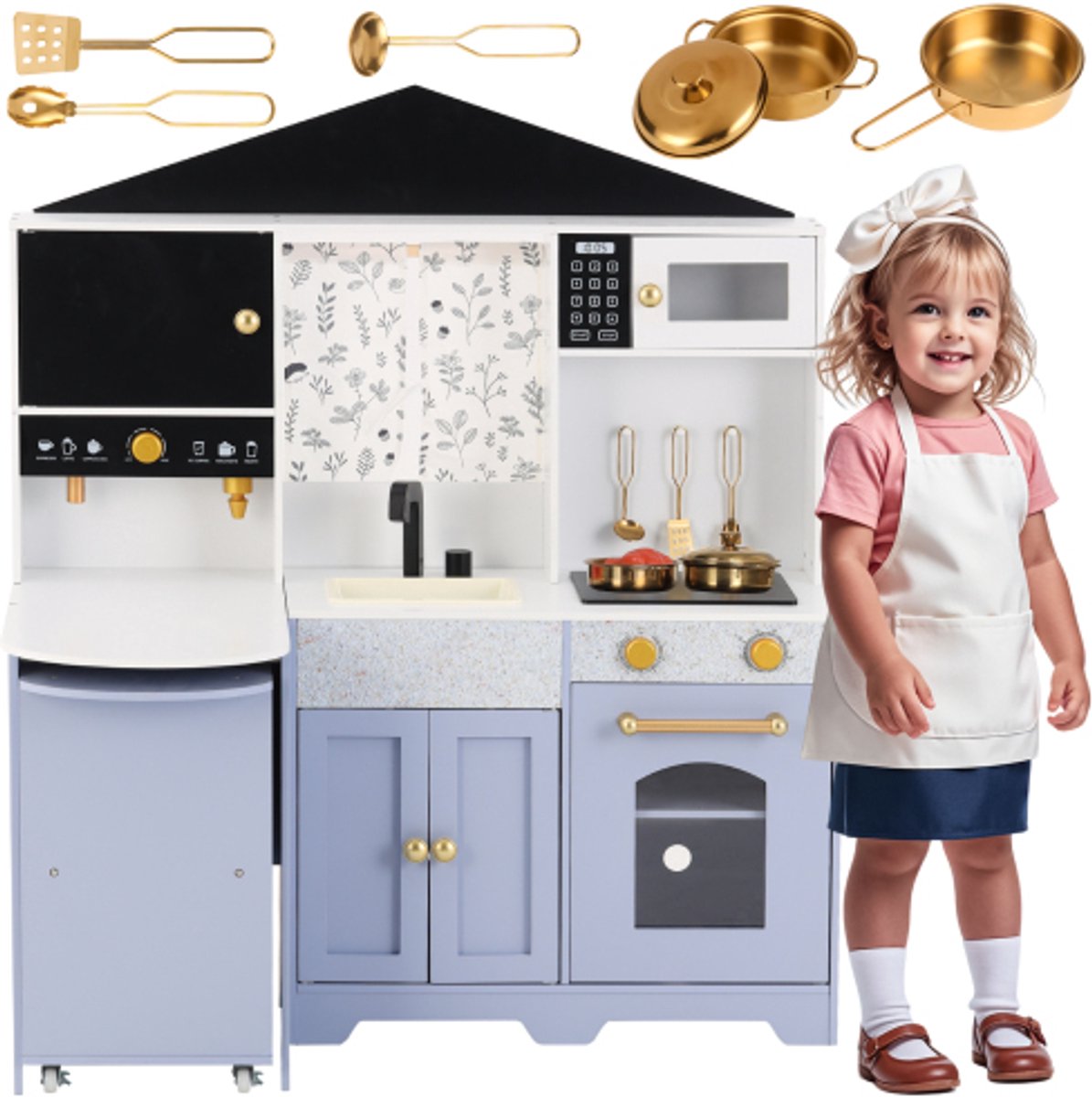 Kinderkeuken, speelkeuken - creatief huisontwerp, accessoires en verrassingseffecten, geschikt voor kinderen vanaf 3 jaar, hout + kunststof, wit + paars, 60 x 90 x 105 cm