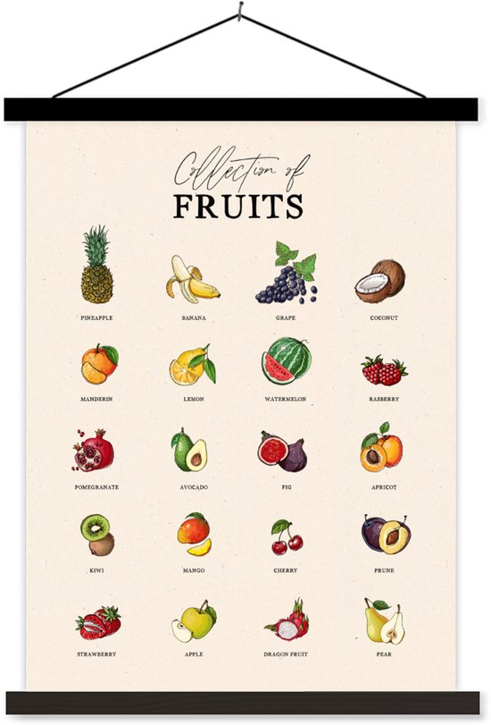 Posterhanger incl. Poster 90x120 cm - Schoolplaat - Keuken - Fruit - Voedsel - Textielposter - Zwarte latten - Cadeau voor vrouw