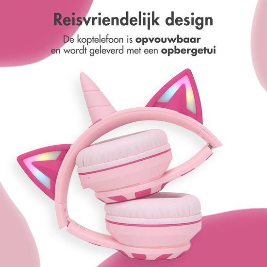 Opvouwbare roze unicorn koptelefoon met LED oren.