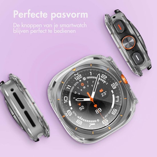 Transparante smartwatch case, met de wijzerplaat zichtbaar.