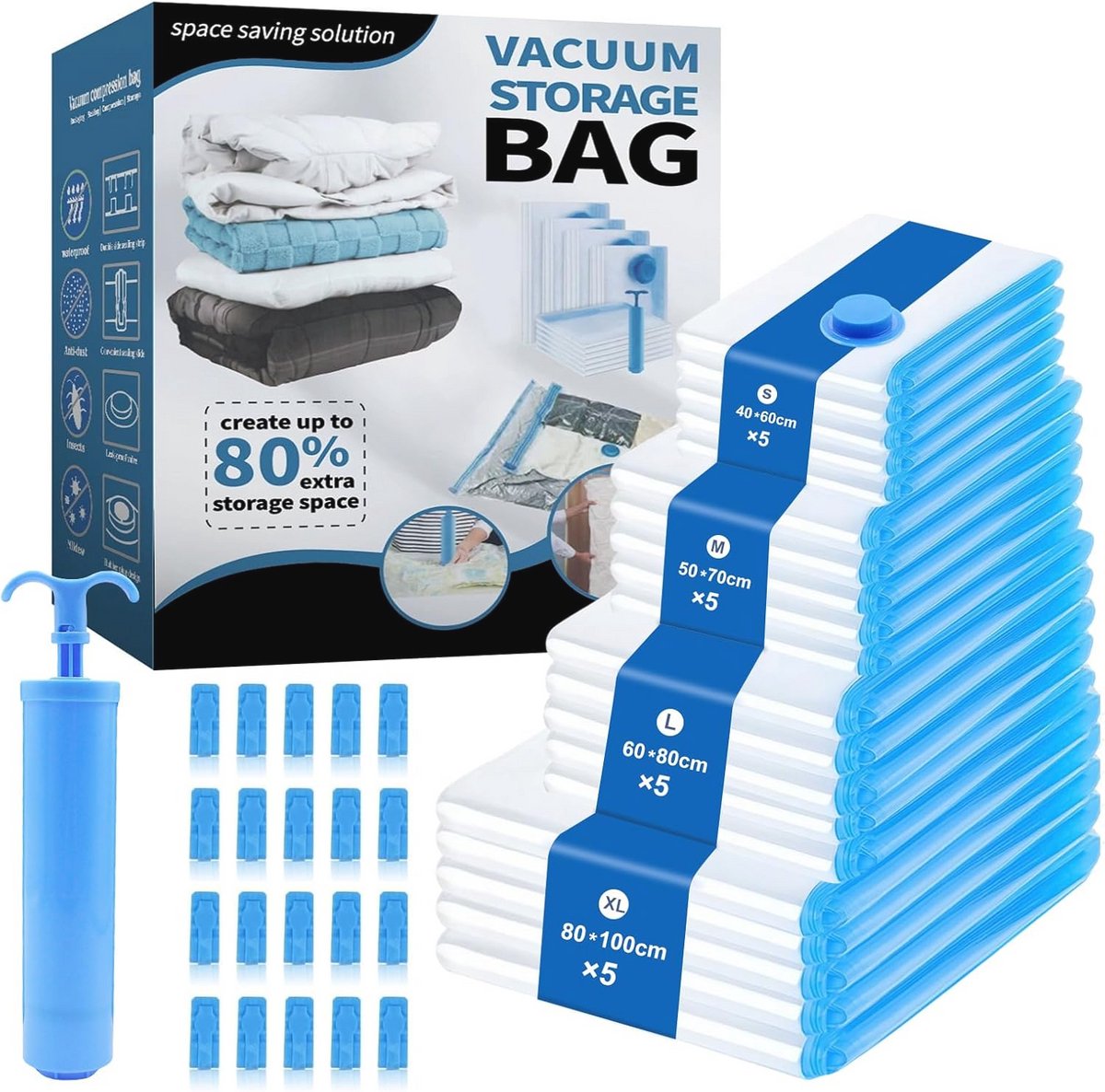 Vacuum Bags for Clothes and Bedding - 20 Pack with Hand Pump