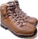 Bruine leren wandelschoenen met bruin-zwarte veters, Gore-Tex en MFS Vakuum opdrukken.