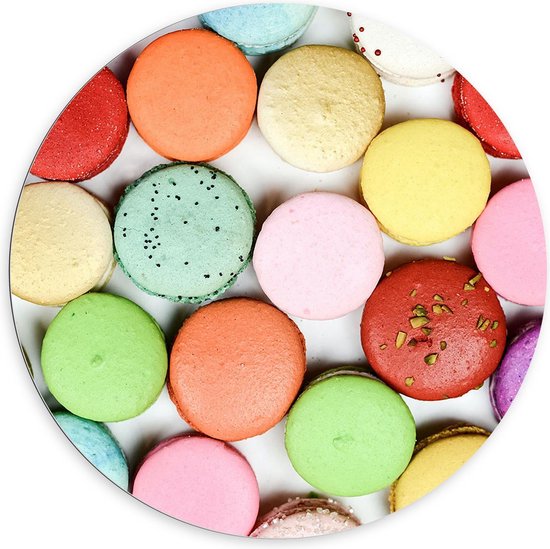 Dibond Wandcirkel - Gekleurde Macarons - Foto op Aluminium Wandcirkel (met ophangsysteem)