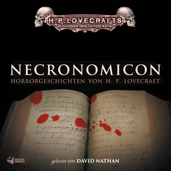 Het boek 'Necronomicon' met de tekst 'Horrorgeschichten von H. P. LOVECRAFT' en 'Bibliothek des Schreckens'. De pagina's zijn bevlekt met bloed.