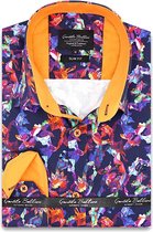 Heren Overhemd - Slim Fit - Flower Artwork  Satijn - Blauw - Maat XL