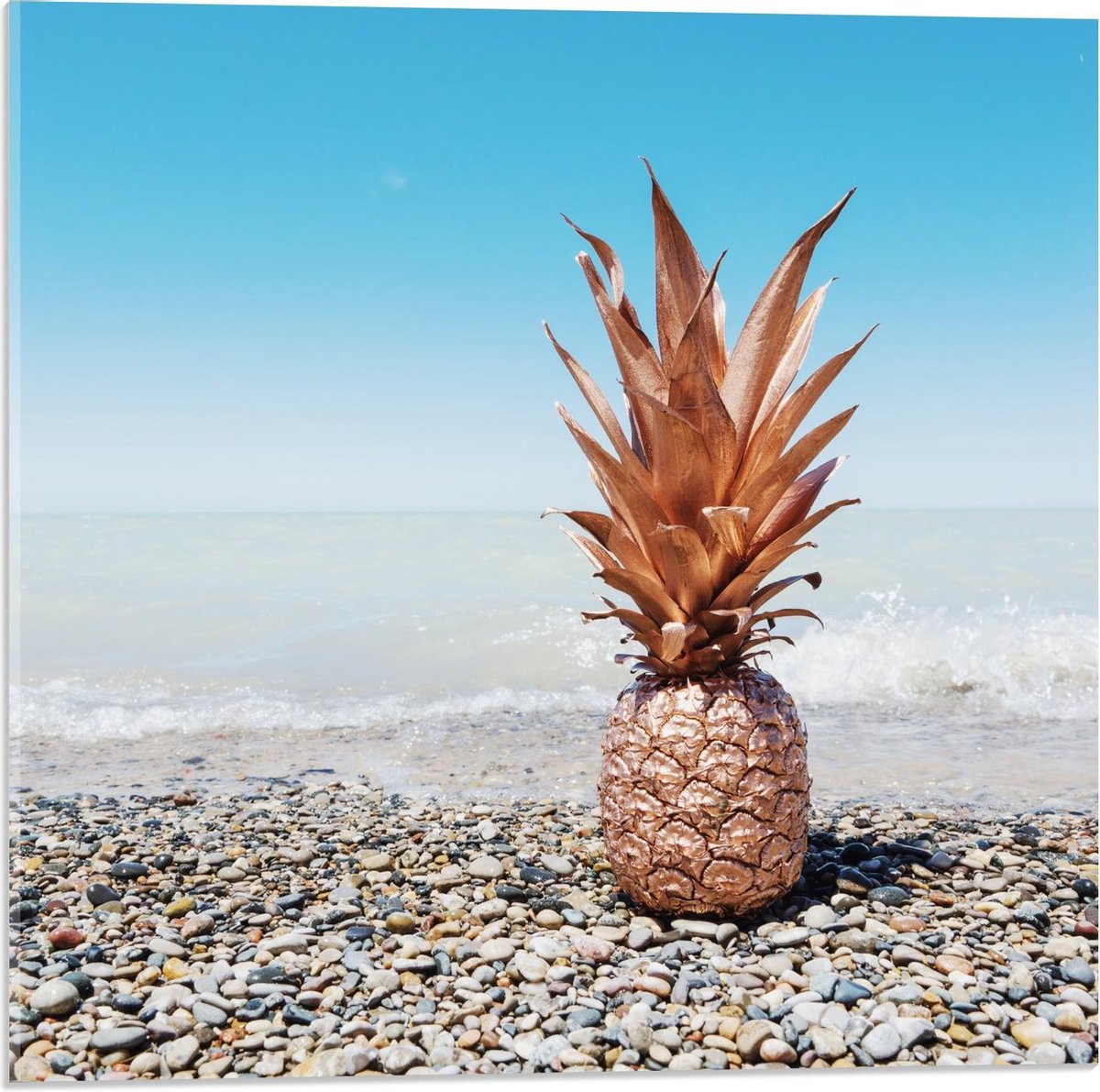 Acrylglas - Gekleurde Ananas op een Mooi Strand - 50x50cm Foto op Acrylglas (Wanddecoratie op Acrylglas)