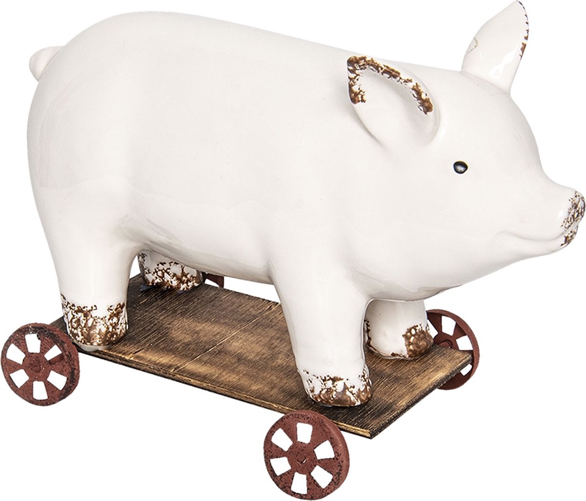 Statue Cochon En Céramique Craquelée - Sculpture Animalière Vintage Crème