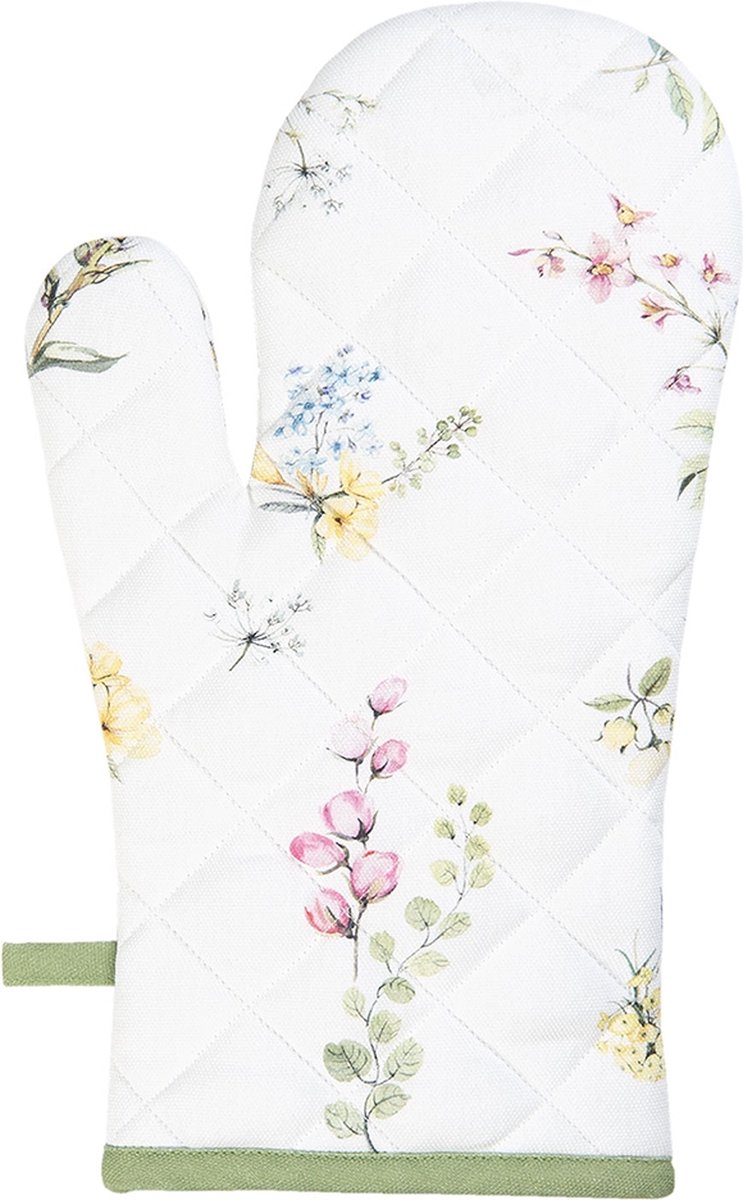 Clayre & Eef Ovenwant 16x30 cm Wit Katoen Bloemen Ovenhandschoen