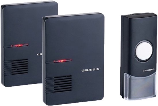 Set van twee zwarte Grundig deurbelontvangers en een zwarte deurbelknop met witte knop.