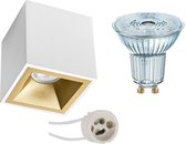 Opbouwspot Set - OSRAM Parathom PAR16 930 36D - Pragmi Cliron Pro - GU10 Fitting - Dimbaar - Opbouw Vierkant - Mat Wit/Goud - 5.5W - Warm Wit 3000K - Verdiept - 90mm - BSE