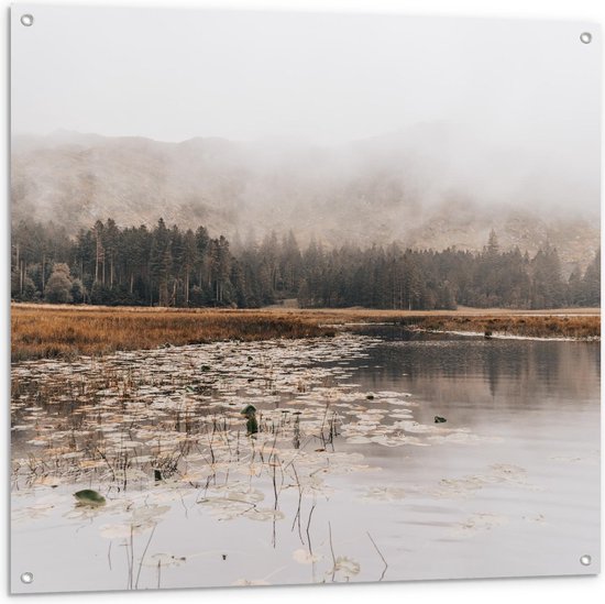 Tuinposter – Schilderij van Meer bij Bossen - 100x100cm Foto op Tuinposter  (wanddecoratie voor buiten en binnen)