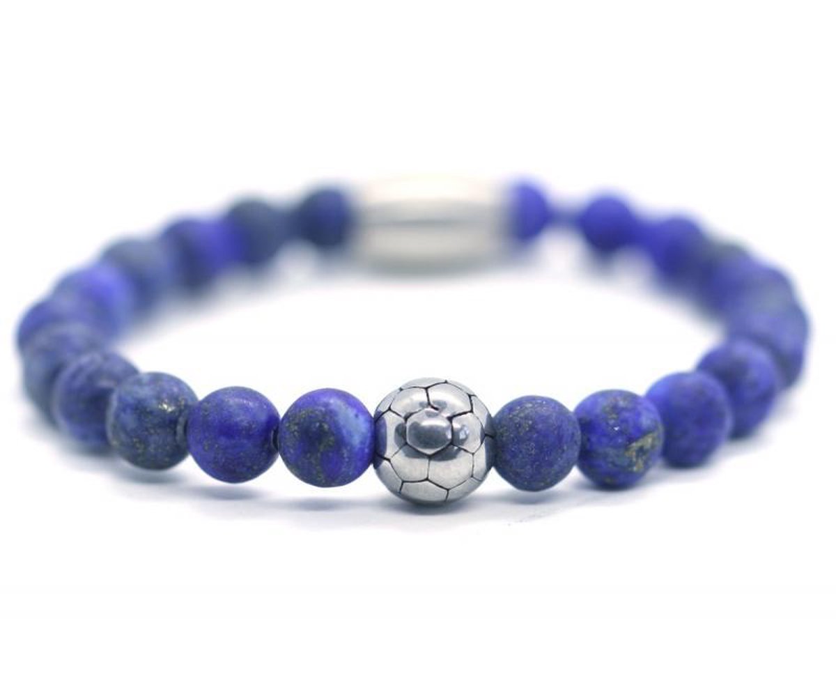 IbizaMen KIDS - Jongens - armband - Lapis Lazuli - voetbal - RVS - 6mm - 16cm