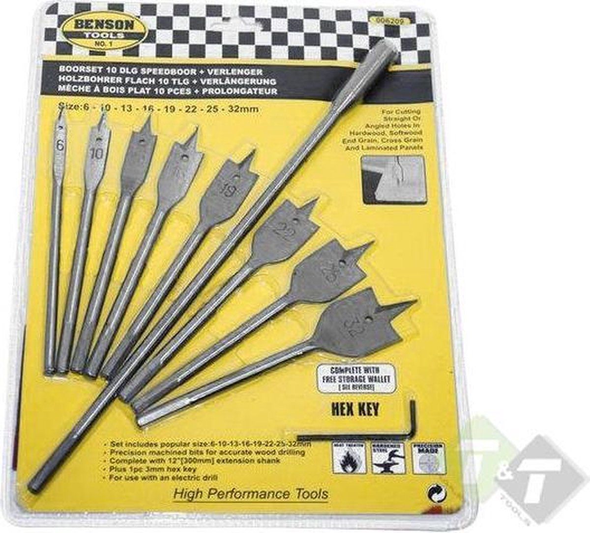 Speedboren set, 10 delig, 6, 10, 13, 16, 19, 22, 25 en 32mm