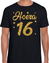 Hoera 16 jaar verjaardag cadeau t-shirt - goud glitter op zwart - heren - cadeau shirt S