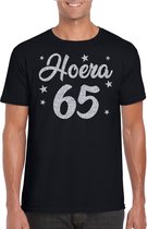 Hoera 65 jaar verjaardag cadeau t-shirt - zilver glitter op zwart - heren - cadeau shirt S