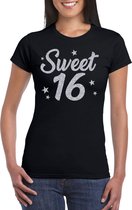 Sweet 16 zilver glitter cadeau t-shirt zwart dames - dames shirt 16 jaar - verjaardag kleding / outfit S