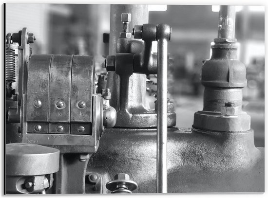 Dibond - Onderdelen van Machine (zwart/wit) - 40x30cm Foto op Aluminium (Met Ophangsysteem)
