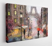 Oil painting on canvas, Paris street view. Art work, Eiffel Tower. People under the red umbrella. Tree. France  - Modern Art Canvas - Horizontal - 674573290 - 50*40 Horizontal