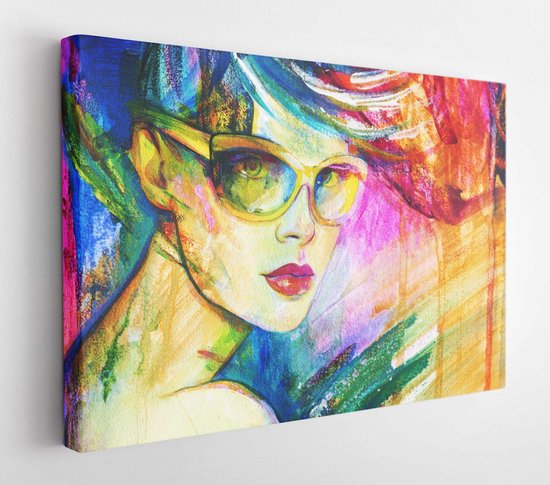 Portrait de femme abstraite avec des lunettes de soleil. Peinture acrylique  - Toile d'... | bol.com