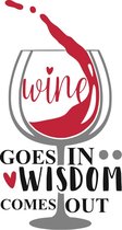 Muursticker wine goes in wisdom comes out in de kleur zwart en rood