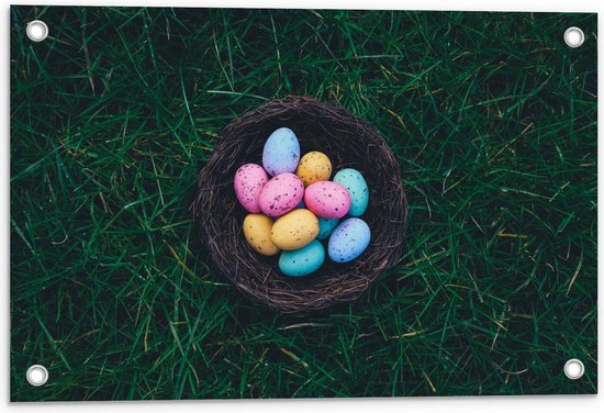 Tuinposter – Gekleurde Paas Eieren in Mandje - 60x40cm Foto op Tuinposter  (wanddecoratie voor buiten en binnen)