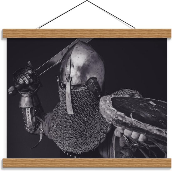 Schoolplaat – Zwart/Wit Ridder met Harnas - 40x30cm Foto op Textielposter (Wanddecoratie op Schoolplaat)