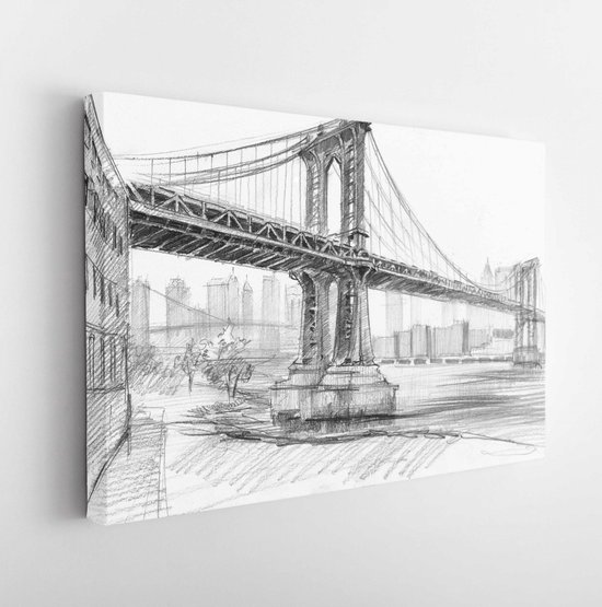 Dessin au crayon d un paysage avec ensemble de gratte ciel et pont