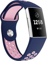 Siliconen Smartwatch bandje - Geschikt voor  Fitbit Charge 3 sport bandje - donkerblauw/roze - Maat: L - Horlogeband / Polsband / Armband