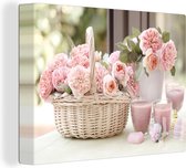 Fleurs rose clair dans un panier 120x90 cm - Tirage photo sur toile (Décoration murale salon / chambre) / Peintures Fleurs sur toile
