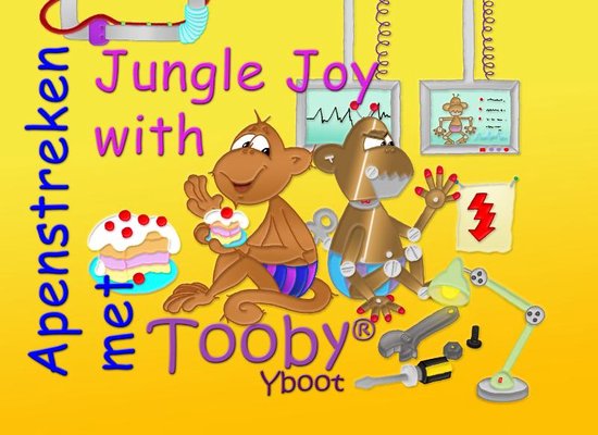 Een illustratie met twee apen, een met taart, en de titel 'Jungle Joy with Tooby'. Gereedschap en lampen op de voorgrond.