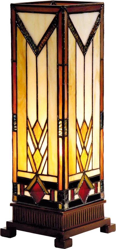 LumiLamp Tiffany Tafellamp 12x12x35 cm Beige Bruin Glas Rechthoek Tiffany Bureaulamp