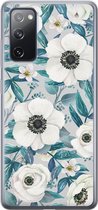 Samsung Galaxy S20 FE hoesje siliconen - Witte bloemen - Soft Case Telefoonhoesje - Bloemen - Blauw