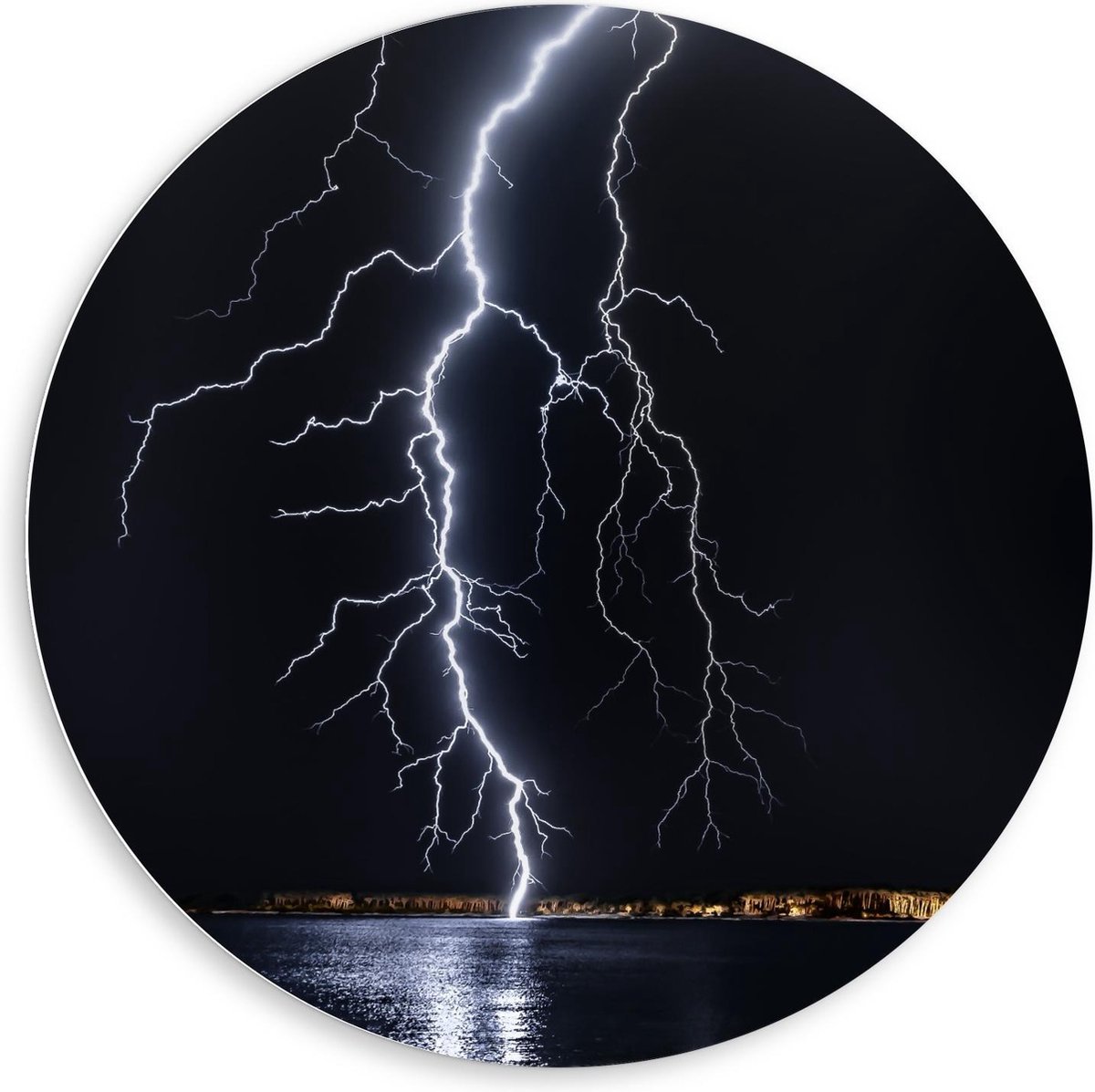 Forex Wandcirkel - Bliksem Slaat in in de Zee - 80x80cm Foto op Wandcirkel (met ophangsysteem)