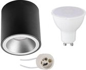 Opbouwspot Set - Pragmi Cliron Pro - GU10 Fitting - Dimbaar - Opbouw Rond - Mat Zwart/Zilver - 6W - Warm Wit 3000K - Verdiept - Ø90mm