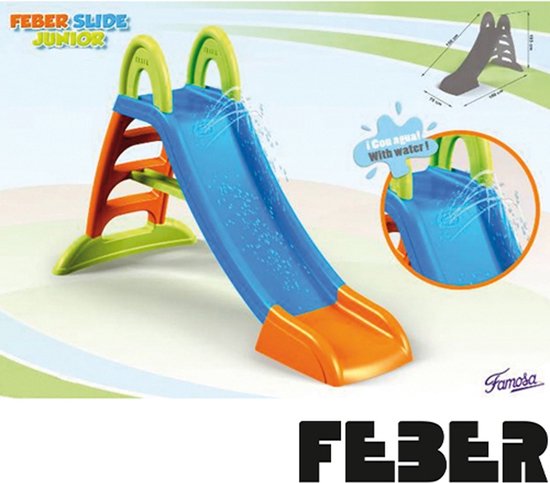 Blauwe 'FEBER SLIDE JUNIOR' glijbaan met oranje en groen frame. Water sproeit naar beneden.