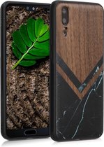 kwmobile telefoonhoesje compatibel met Huawei P20 - Hoesje met bumper in zwart / wit / donkerbruin - walnoothout - Hout Glory Marmer design