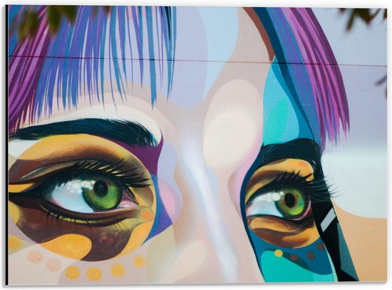 Dibond - Muurschildering van Gekleurde Vrouw - 40x30cm Foto op Aluminium (Wanddecoratie van metaal)
