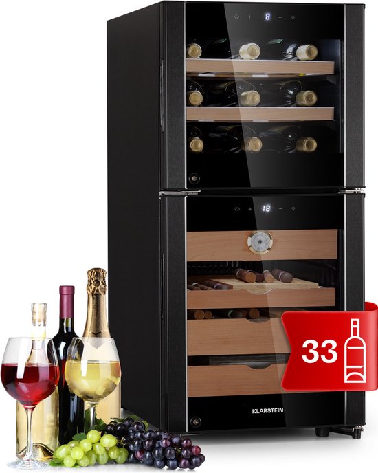 Klarstein Wijnkoeler humidor en , koelkast met glazen deur, wijn- en sigarenkast, drankkoeler en humidor voor sigaren, wijnkoelkast met led-display, temperatuurregeling, hygrometer, 89 liter - 58 cm - voor Bar - Touch - Wijnklimaatkast