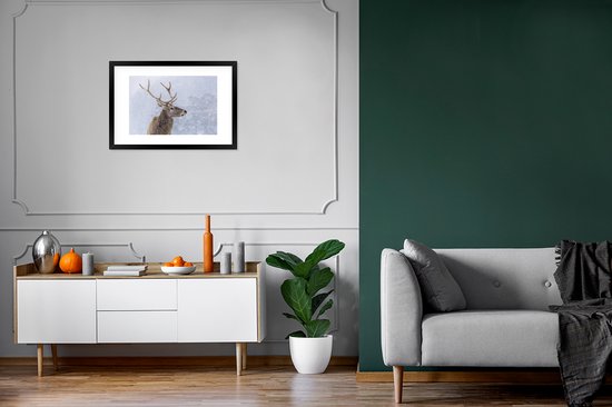 Photo en cadre - Cerf en cadre photo hiver noir avec passe-partout blanc 40x60 60x40 cm - Affiche sous cadre (Décoration murale salon / chambre)