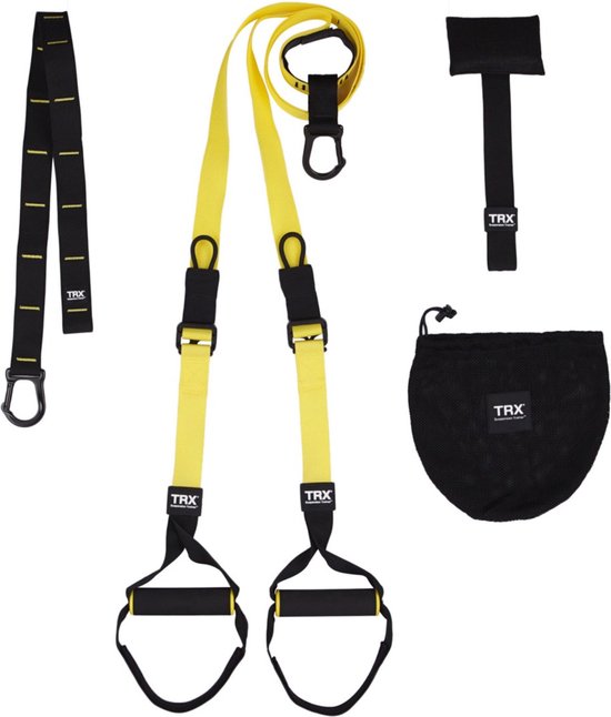 TRX suspension trainer met gele banden, zwarte handvatten, deuranker en opbergzak.