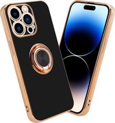 Cadorabo Hoesje voor Apple iPhone 14 PRO in Glossy Zwart - Goud met ring - Beschermhoes van flexibel TPU-silicone Case Cover met camerabescherming en magnetische autohouder