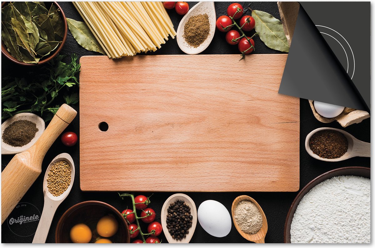 Inductie beschermer 59x52 - afdekplaat inductie mat - Dietrix Kookplaat beschermer - Exclusief - Kruiden en Lepels - Snijplank ingrediënten en pasta