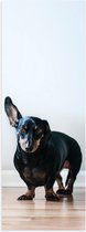 WallClassics - Poster Glanzend – Luisterende Zwarte Hond - 20x60 cm Foto op Posterpapier met Glanzende Afwerking