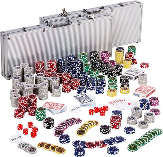 Afbeelding van het spel Poker - Pokerset - Poker set - Poker chips - Poker fiches - Poker kaarten - Poker koffer - Pokerkaarten - Inclusief twee koffers - 1000 chips - 57.5 x 21 x 6.5 cm - Zilver