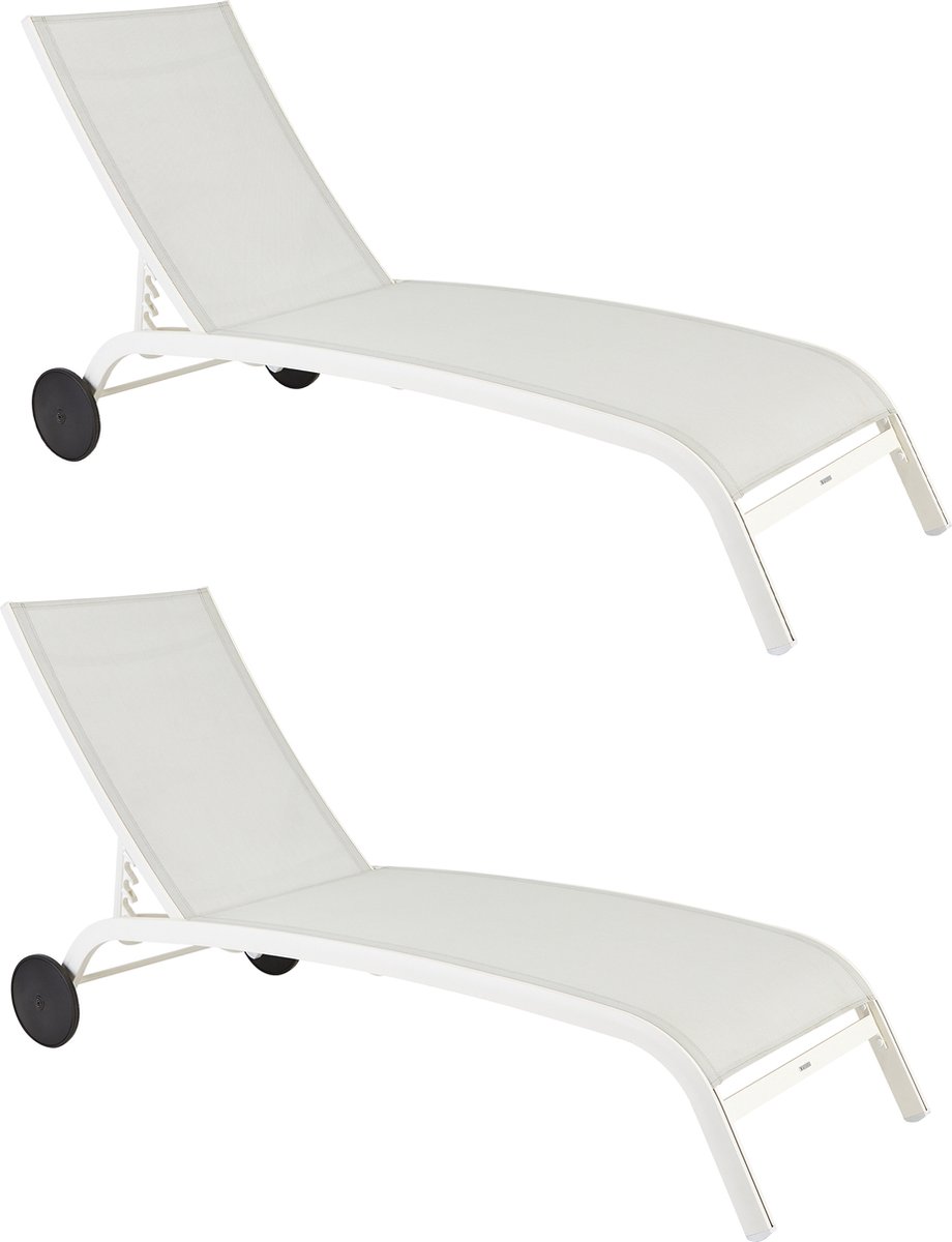 NATERIAAL - Set van 2 ligstoelen LYRA II - 2 x ligstoelen met verstelbare rugleuning - 207x63x95 cm - 4 posities - Met wielen - Vast in aluminium - Textilene - Wit