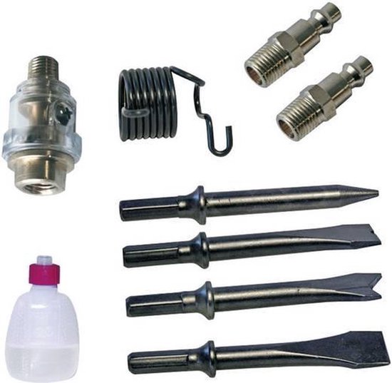 Een set gereedschap met onder andere een luchthamer, beitels, veertjes en oliehouder.